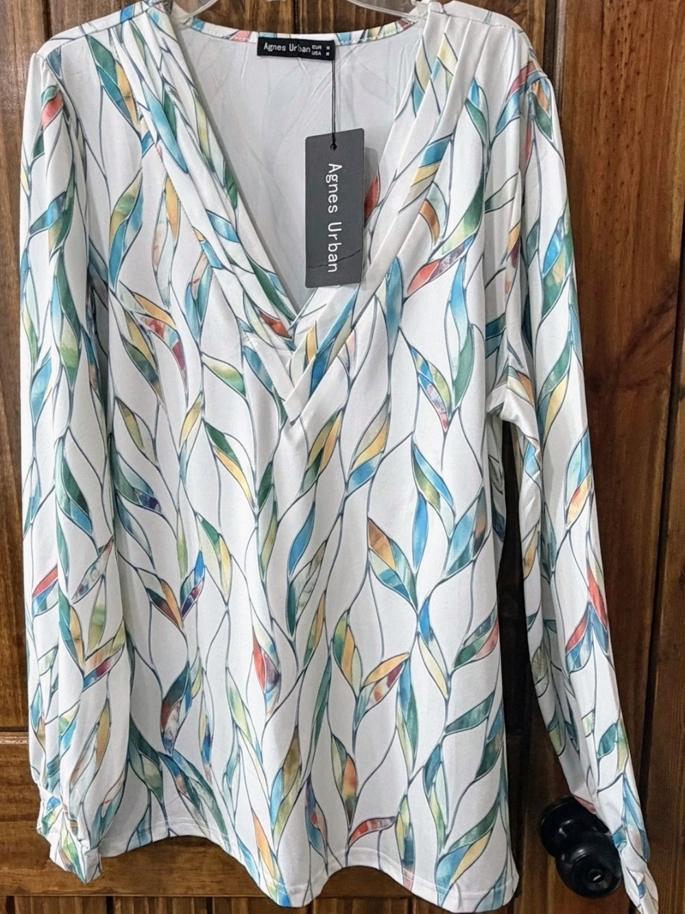 White V-Neck Long Sleeve Leaf-Print Blouse